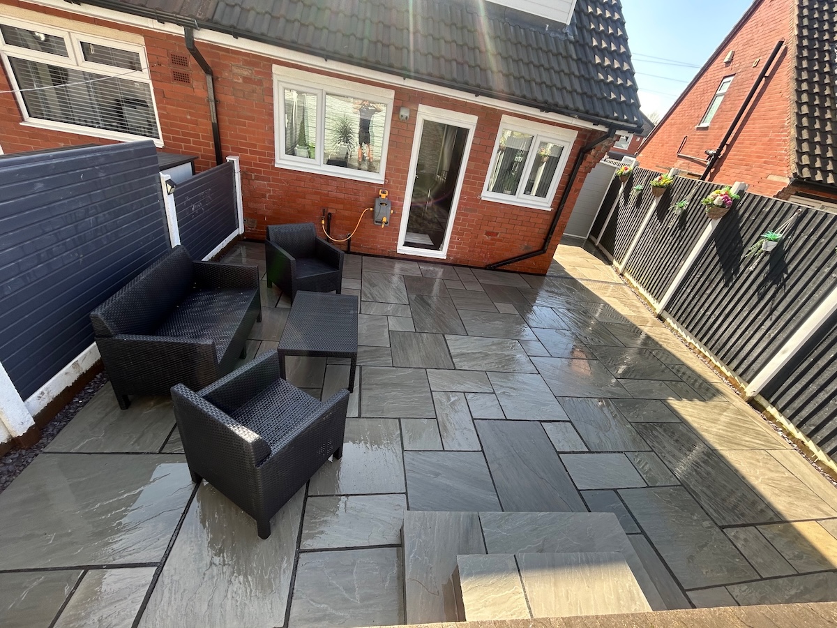Large Indian sandstone patio completed for Beth in Sale Manchester