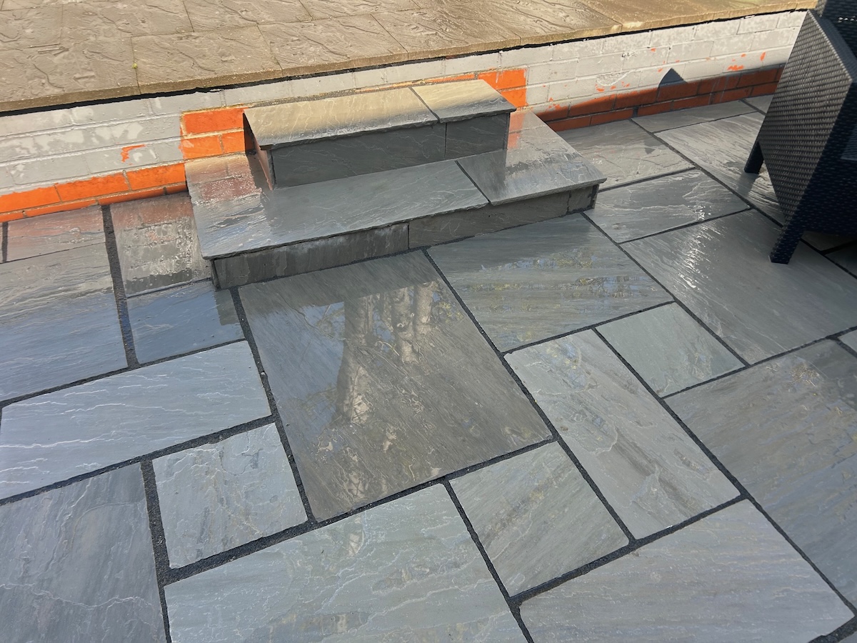steps for Indian Sandstone patio completed in Sale Manchester by Dawn Drives Ltd